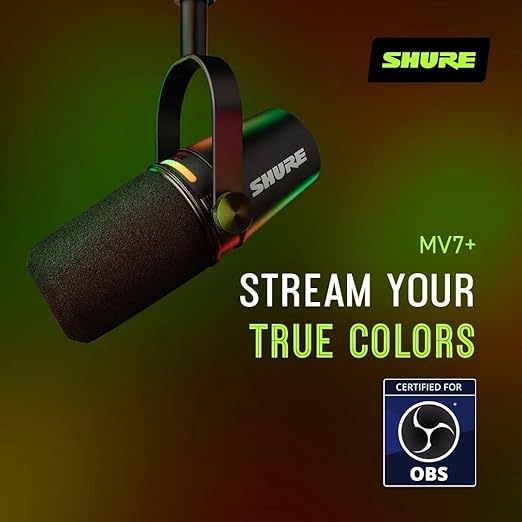 Shure MV7+ Podcast Microphone with Stand. Enhanced Audio, LED Touch Panel, USB-C & XLR Outputs, Auto Level Mode, Digital Pop Filter, Reverb Effects, Podcasting, Streaming, Recording - Black
