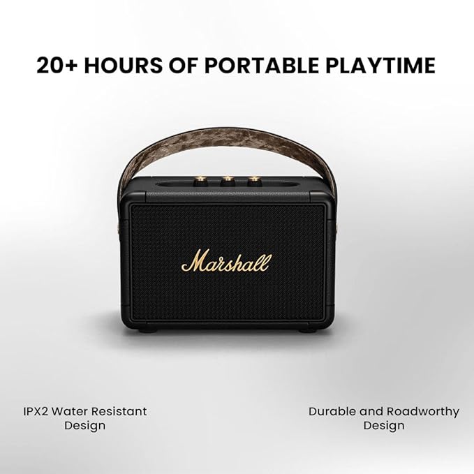 Marshall Kilburn II Portable Bluetooth Speaker with 20+ Hours of Portable Playtime, (360° Sound), Water-Resistant (IPX2) – Black & Brass.