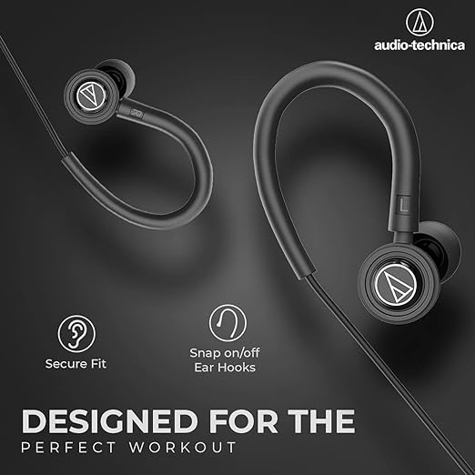 Audio-Technica Sonic Sport in-Ear Wired Earphones with Snap On/Off Ear Hooks, in-line Mic & Control, 8.5mm Powerful Drivers for Clear Sound & Rich Bass, Sound Isolation & Comfort Fit