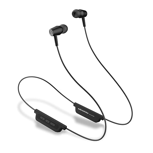 Roll over image to zoom in Audio-Technica Wireless Headphones with 200 Hours Standby Time, In-Ear Bluetooth Neckband with Mic & Button Controls, Rich Bass & HD Sound, Sweatproof, Water Resistant, Magnetic Buds, CLR100BT (Black)