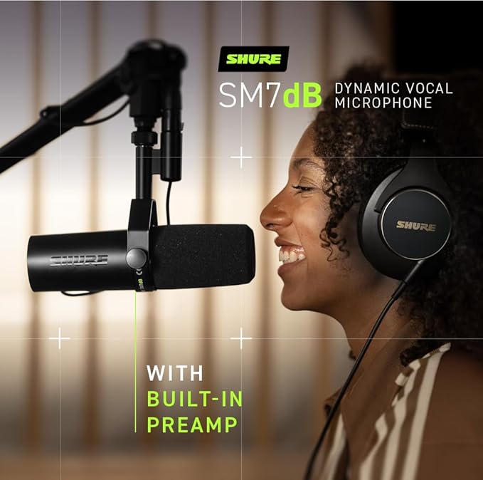 Shure SM7dB Dynamic Vocal Microphone w/Built-in Preamp for Streaming, Podcast, & Recording, Wide-Range Frequency, Warm & Smooth Sound, Rugged Construction, Detachable Windscreen - Black