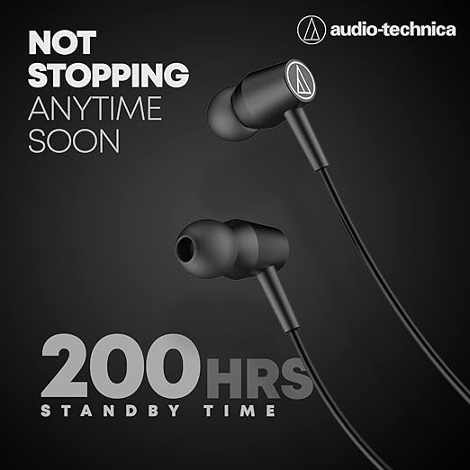 Roll over image to zoom in Audio-Technica Wireless Headphones with 200 Hours Standby Time, In-Ear Bluetooth Neckband with Mic & Button Controls, Rich Bass & HD Sound, Sweatproof, Water Resistant, Magnetic Buds, CLR100BT (Black)