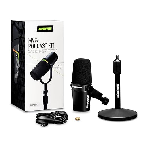 Shure MV7+ Podcast Microphone with Stand. Enhanced Audio, LED Touch Panel, USB-C & XLR Outputs, Auto Level Mode, Digital Pop Filter, Reverb Effects, Podcasting, Streaming, Recording - Black