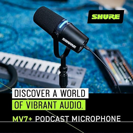 Shure MV7+ Podcast Microphone with Stand. Enhanced Audio, LED Touch Panel, USB-C & XLR Outputs, Auto Level Mode, Digital Pop Filter, Reverb Effects, Podcasting, Streaming, Recording - Black