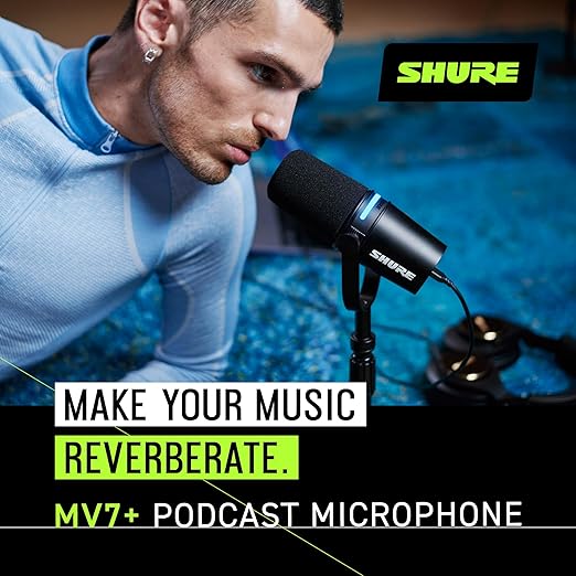 Shure MV7+ Podcast Microphone with Stand. Enhanced Audio, LED Touch Panel, USB-C & XLR Outputs, Auto Level Mode, Digital Pop Filter, Reverb Effects, Podcasting, Streaming, Recording - Black