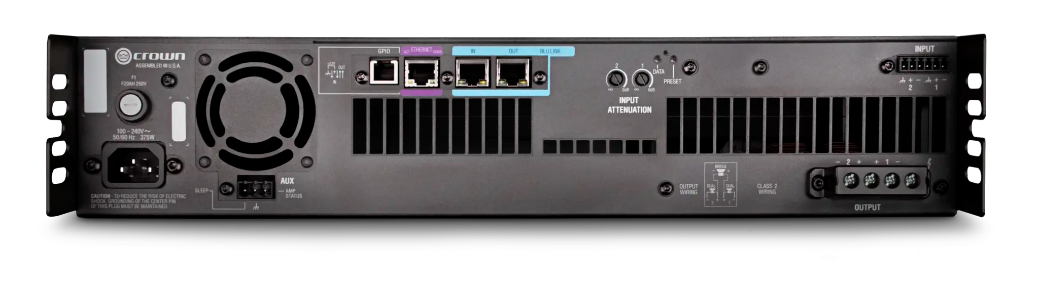 Crown DCi 2|300N, Two-channel, 300W @ 4Ω Power Amplifier with BLU link, 70V/100V / EN 54-16 Compliant for Life Safety Applications