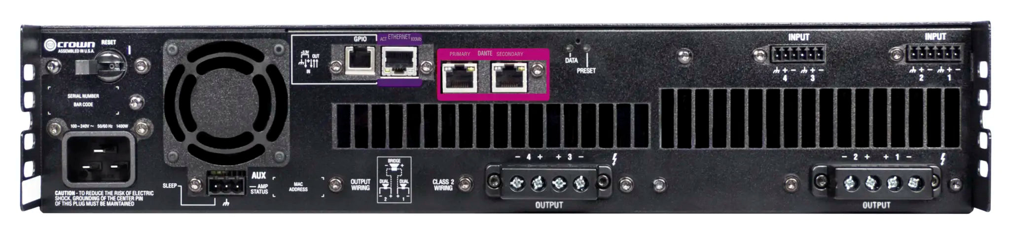 Crown DCi 4|1250DA, Four-channel, 1250W @ 4Ω Power Amplifier with Dante™ / AES67 Networked Audio, and 70V/100V / EN 54-16 Compliant for Life Safety Applications