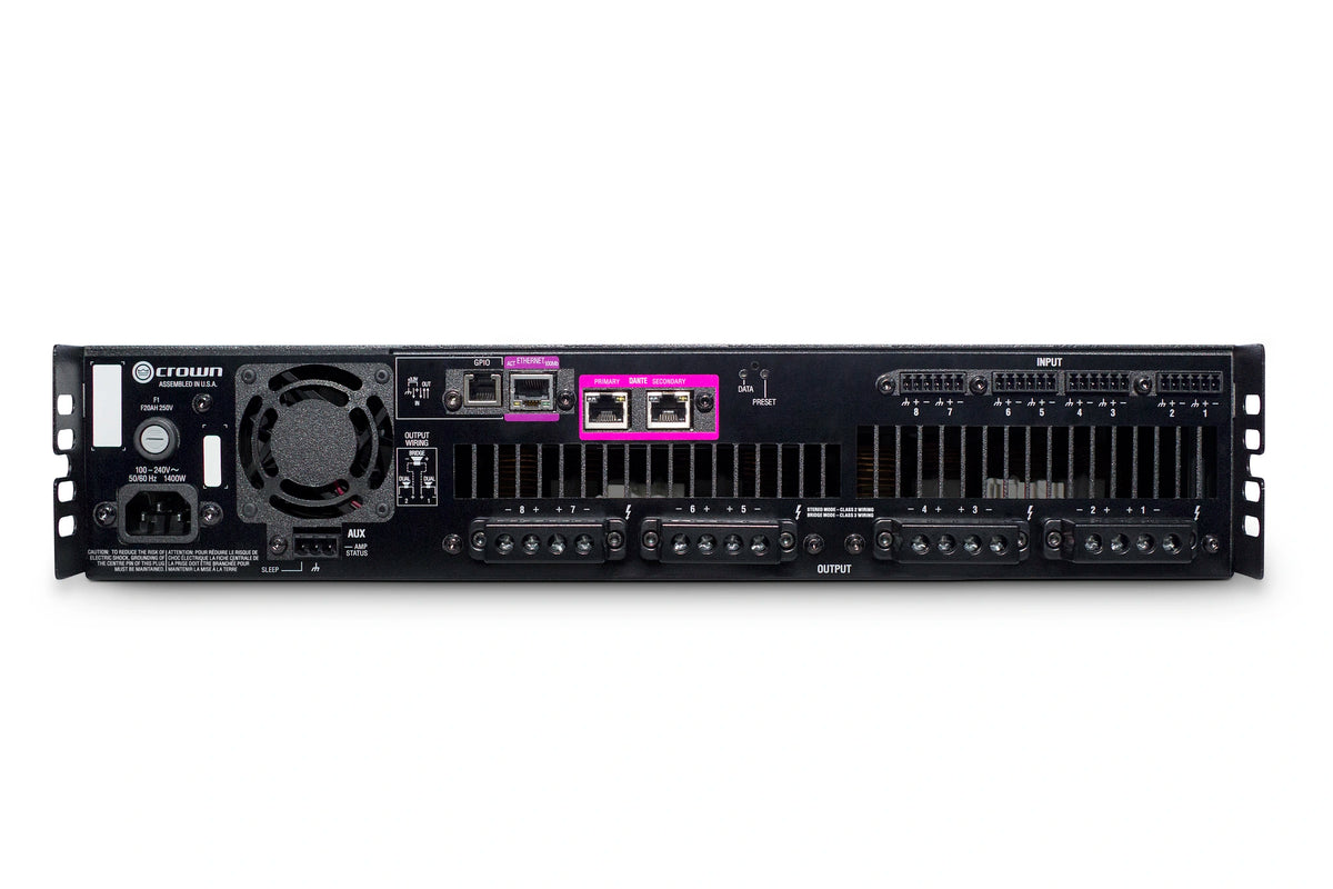 Crown DCi 8|300DA, Eight-channel, 300W @ 4Ω Power Amplifier with Dante™ / AES67 Networked Audio, and 70V/100V / EN 54-16 Compliant for Life Safety Applications