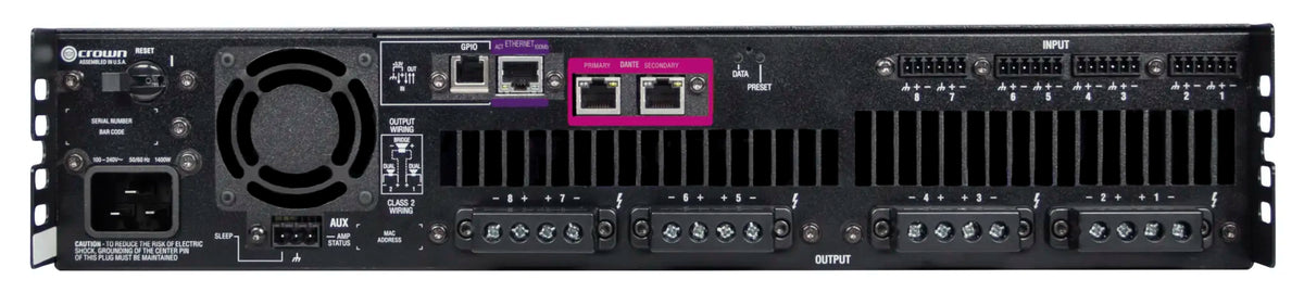 Crown DCi 8|600DA, Eight-channel, 600W @ 4Ω Power Amplifier with Dante™ / AES67 Networked Audio, and 70V/100V / EN 54-16 Compliant for Life Safety Applications