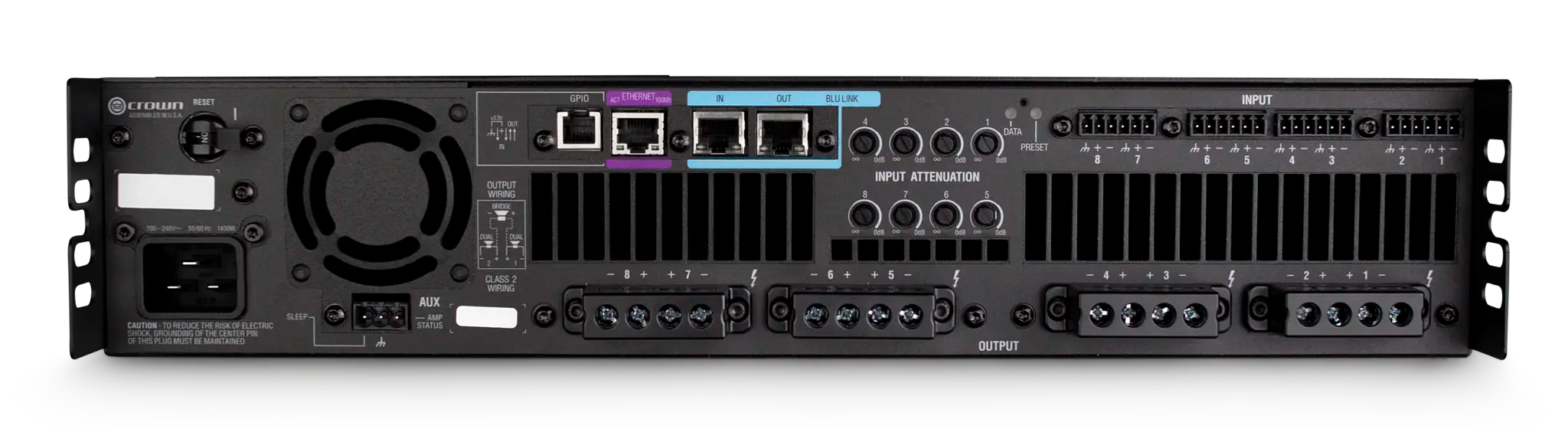 Crown DCi 8|600N, Eight-channel, 600W @ 4Ω Power Amplifier with BLU link, 70V/100V