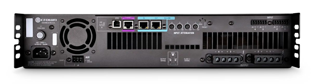 Crown DCi 4|600N, Four-channel, 600W @ 4Ω Power Amplifier with BLU link, 70V/100V / EN 54-16 Compliant for Life Safety Applications